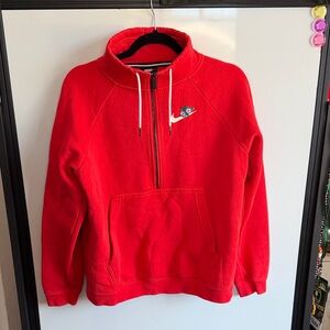 Nike Red Half-Zip Sweatshirt with White Swoosh and Floral Patch